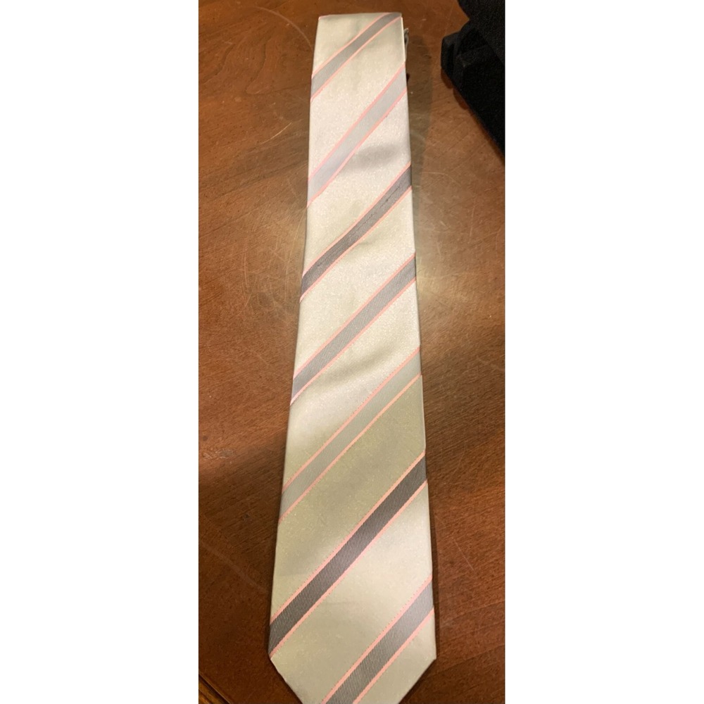 Imani Uomo Silk Tie Silver Grey Pink Striped 62 inch Good Condition